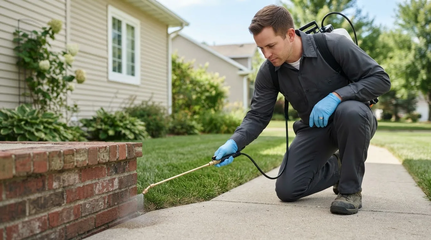 Pest control technician treating a home near Brownville, ME